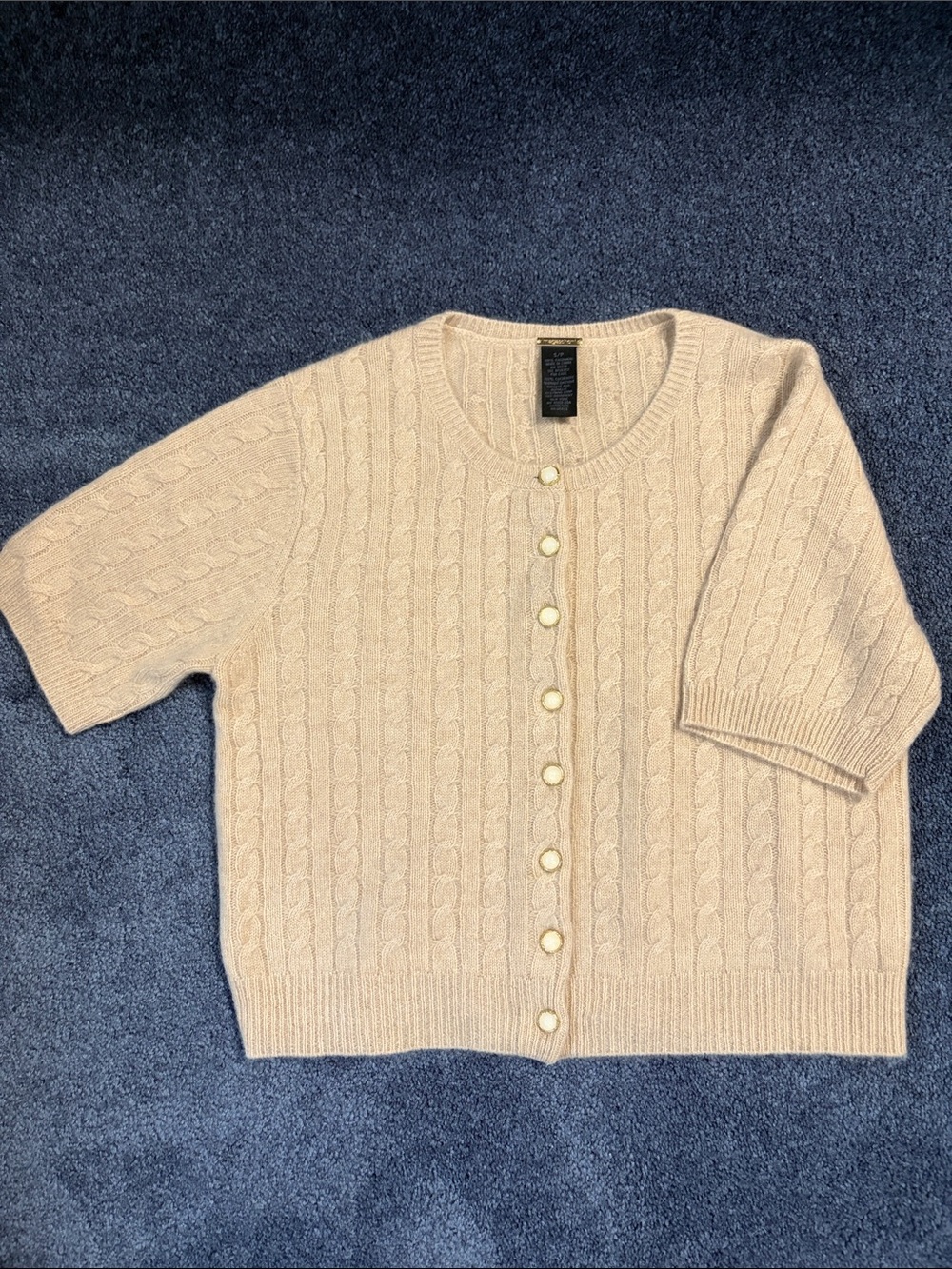Magaschoni Cream Cashmere Cable-Pattern Short Sleeve Cardigan,  size S/P